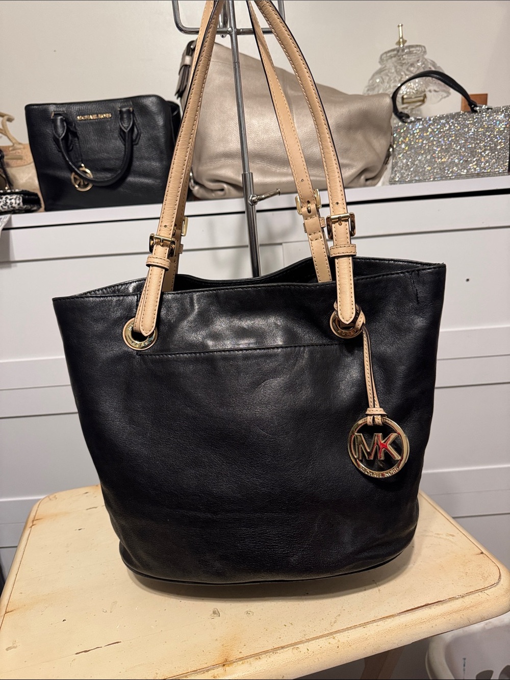Michael Kors Black Leather Tote with Tan Shoulder Straps
